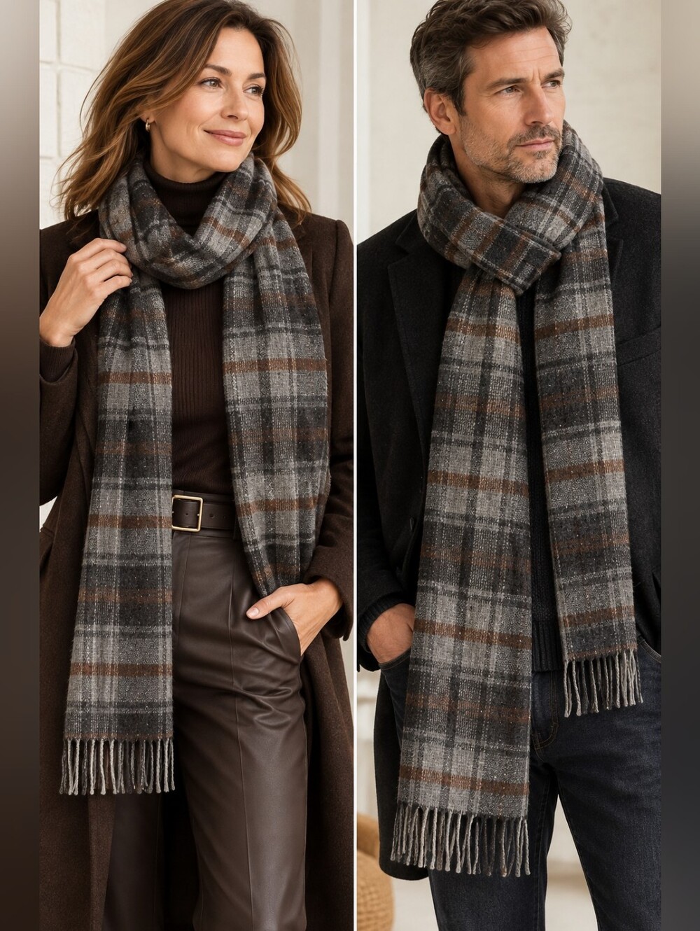 ECHO 100% Lambswool Plaid Scarf Made in England | Gray Brown Taupe Fringe